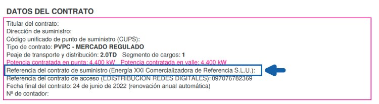 Referencia del contrato Energía XXI Referencia de contrato energia XXI